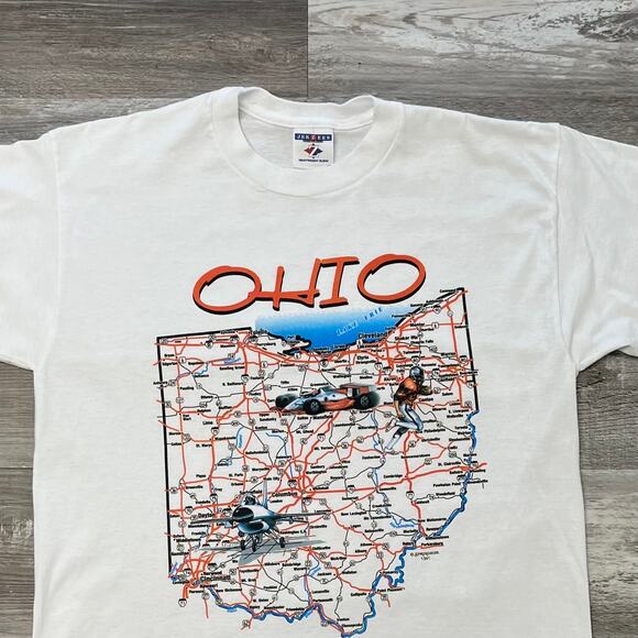 Vintage 90s Ohio T-Shirt State Map Souvenir Jerzees‎ White Men L Graphic Tee - Picture 1 of 7